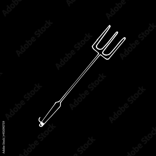 rake vector illustration isolated on black background. white outline, hand drawn vector. pitchfork icon. gardening tool. farming symbol. doodle for kids, logo, sticker, clipart, banner, poster.