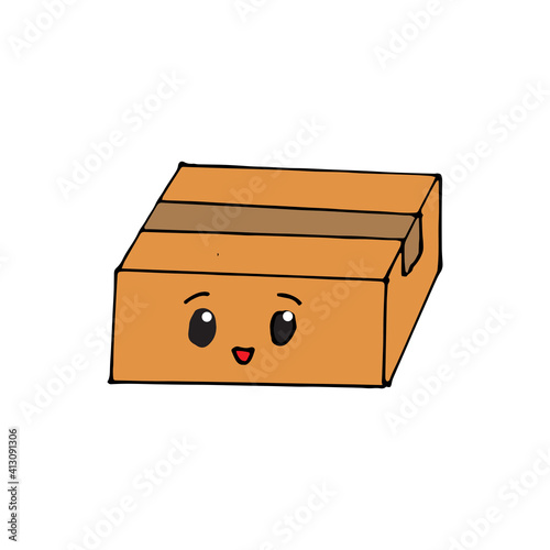 brown box vector illustration on white background. closed box icon with eyes and smiley face. cute emoticon, kawaii box. hand drawn vector. doodle for logo, sticker, cover, poster, banner, clipart. 