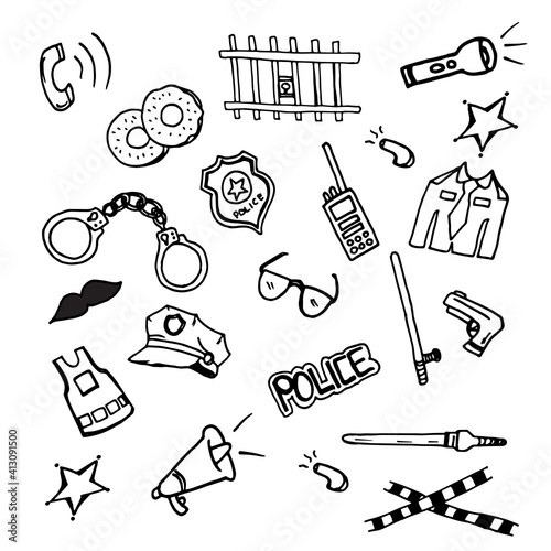 set of doodle police isolated on white background. jail, phone, hat, uniform, glasses, star, gun, walkie talkie, donut. hand drawn vector. doodle for education, clipart, poster, card.