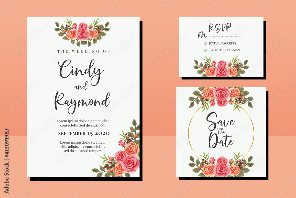 Wedding invitation frame set, floral watercolor hand drawn Pink Rose Flower design Invitation Card Template