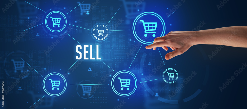 Close-Up of cropped hand pointing at SELL inscription, online shopping concept Close-Up of cropped hand pointing at SELL inscription, online shopping concept