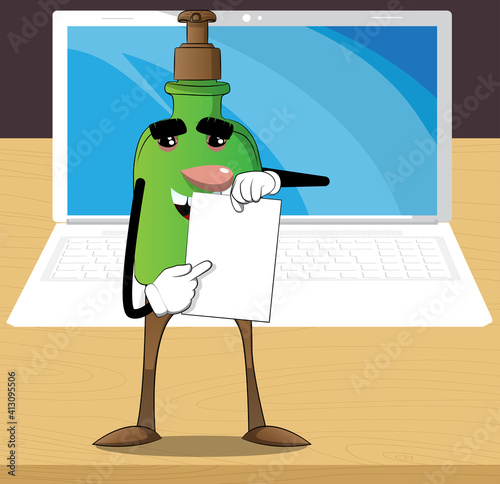 Cartoon bottle of hand sanitizer gel for hygiene with face holding white paper and pointing at it.