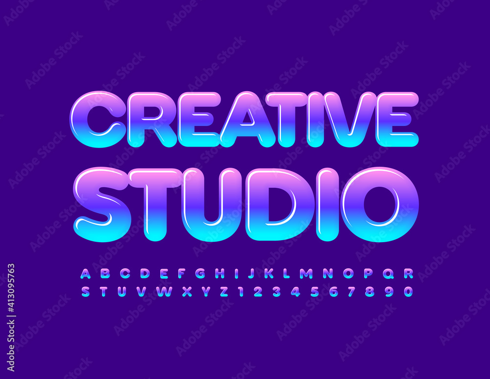 Vector colorful logo Creative Studio. Bright glossy Font. Bright candy style Alphabet Letters and Numbers 