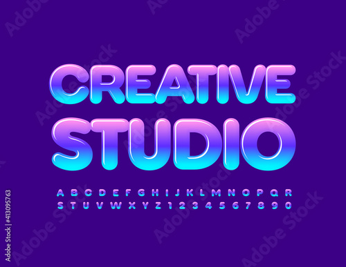 Vector colorful logo Creative Studio. Bright glossy Font. Bright candy style Alphabet Letters and Numbers 