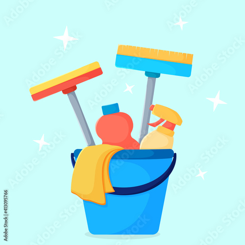 Set of items for general cleaning.Vector illustration of a bucket with household cleaning products

