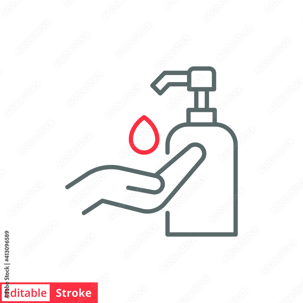 Obraz premium Hand sanitizer icon, line style. Washing hand with sanitizer liquid soap. Vector illustration. Design on white background. Editable stroke EPS 10