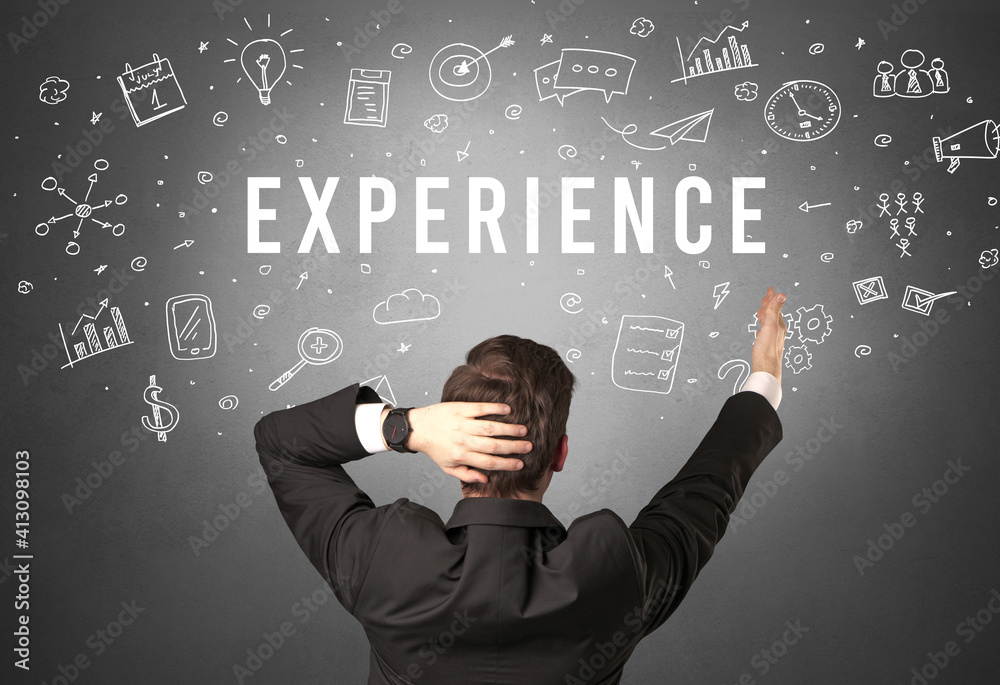 Rear view of a businessman with EXPERIENCE inscription, modern business concept Rear view of a businessman with EXPERIENCE inscription, modern business concept