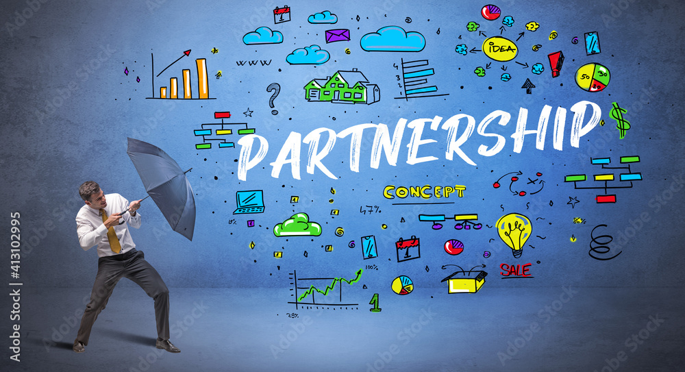 Determined businessman hiding behind umbrella with PARTNERSHIP inscription, new business concept Determined businessman hiding behind umbrella with PARTNERSHIP inscription, new business concept
