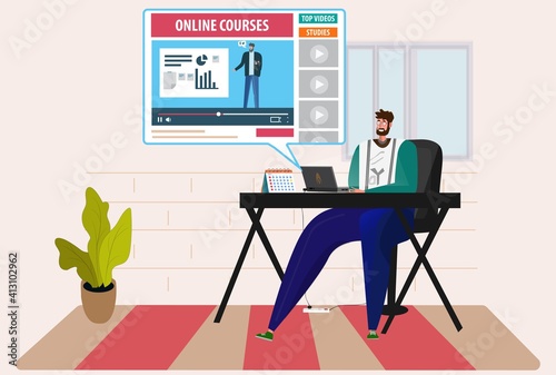Man working in office online courses study vector image. Vector Illustration
