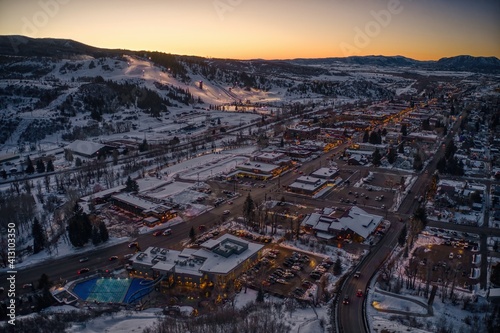 Aerial View of the Colorado Ski Town of Steamboat Springs during Winter