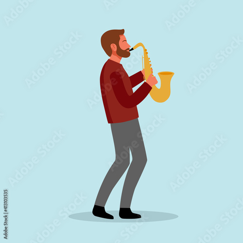 Man with beard playing saxophone in flat design. Saxophone player or musician performing jazz classic song. 