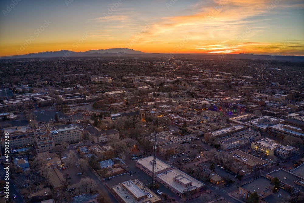 Aerial View of Santa Fe, New Mexico at Dusk during Christmas