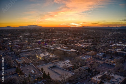 Aerial View of Santa Fe, New Mexico at Dusk during Christmas