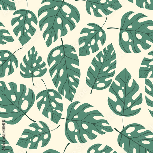 Floral seamless with hand drawn color exotic monstera leaves. Cute summer background. Tropic green branches. Modern floral compositions. Fashion vector illustration for wallpaper, fabric, textile.