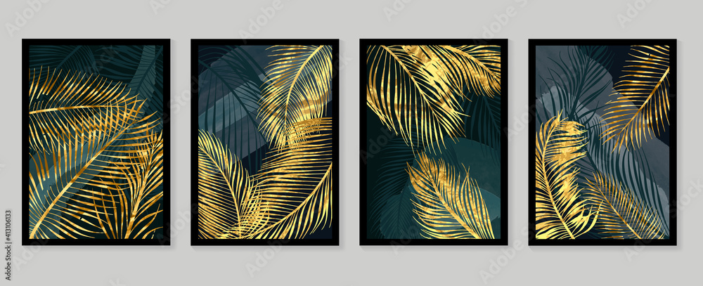 Botanical wall art vector set. Golden foliage line art drawing with  abstract shape.  Abstract Plant Art design for wall framed prints, canvas prints, poster, home decor, cover, wallpaper. - obrazy, fototapety, plakaty 