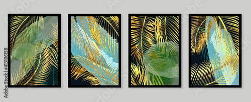 Botanical wall art vector set. Golden foliage line art drawing with  abstract shape.  Abstract Plant Art design for wall framed prints, canvas prints, poster, home decor, cover, wallpaper.