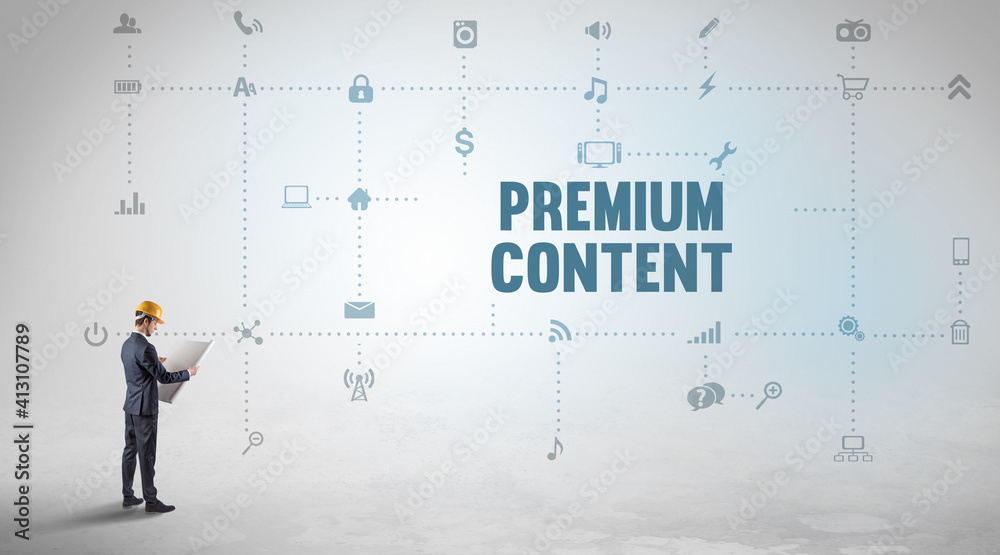 Engineer working on a new social media platform with PREMIUM CONTENT inscription concept Engineer working on a new social media platform with PREMIUM CONTENT inscription concept