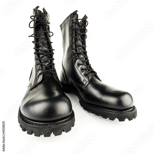 Fotografija three quarter front view on pair of black leather 10-inch new black military com