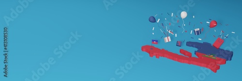 Map of Haiti combined with flags for social media and website background covers, additions Balloons, gift boxes and bags to celebrate National Shopping Day and National Independence Day in 3d renderin