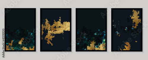 Luxury gold wallpaper.  Black and golden background. Grunge wall art design with dark blue and green color, shiny golden light texture. Modern art mural wallpaper. Vector illustration.