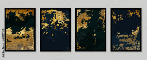Luxury gold wallpaper.  Black and golden background. Grunge wall art design with dark blue and green color, shiny golden light texture. Modern art mural wallpaper. Vector illustration.