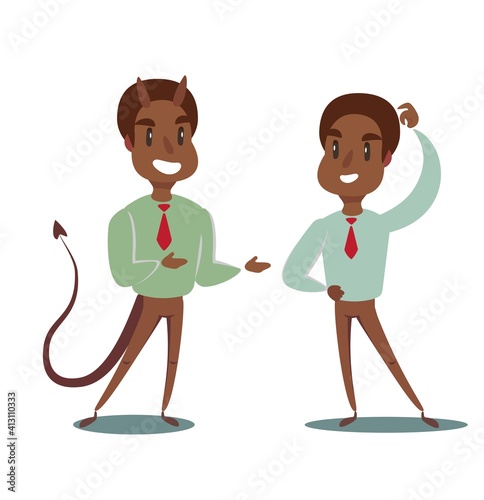 Devil and businessman. Business concept illustration of a businessman making a deal with devil. Vector flat design illustration.