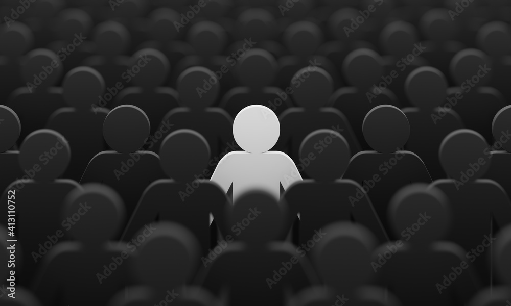 White color figurine among crowd black people background. Social lifestyle and business competition and strange person concept. Human character symbol theme. 3D illustration rendering. White color figurine among crowd black people background. Social lifestyle and business competition and strange person concept. Human character symbol theme. 3D illustration rendering.
