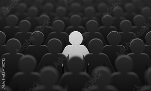 White color figurine among crowd black people background. Social lifestyle and business competition and strange person concept. Human character symbol theme. 3D illustration rendering.