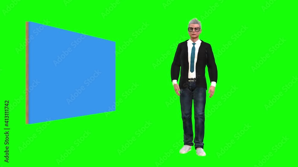 3d animation of a avatar man walking a then standing by a blue scree display while he explains and demonstrates something. 3d animation of a avatar man walking a then standing by a blue scree display while he explains and demonstrates something.
