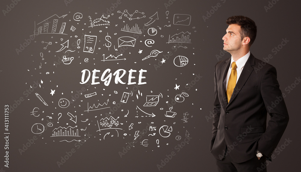 Businessman thinking with DEGREE inscription, business education concept Businessman thinking with DEGREE inscription, business education concept