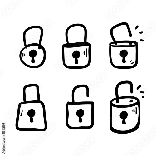 hand drawn doodle locked and unlocked padlock illustration icon isolated