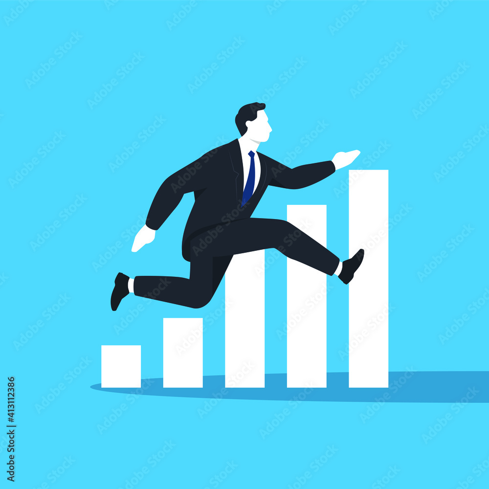 Running businessman with bars graph. Simple trendy color flat style on blue background. Business and finance concept. Designed vector illustration.