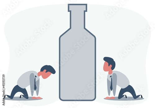 Unhappy sad alcoholic man character with a drink bottle. Alcoholism addict problem dependence bad habit. Vector flat cartoon isolated illustration
