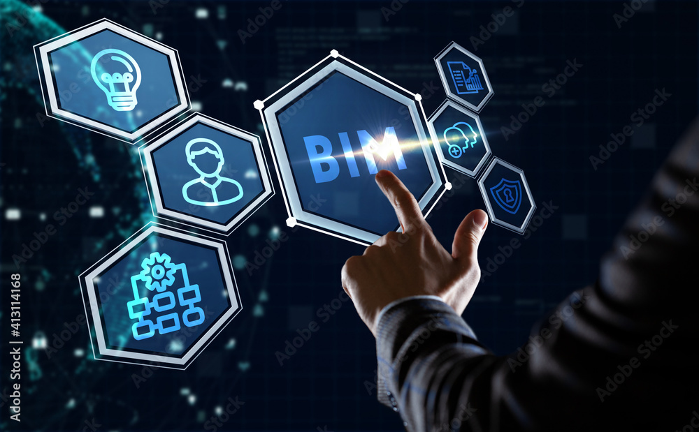 The concept of business, technology, the Internet and the network. A young entrepreneur working on a virtual screen of the future and sees the inscription: BIM The concept of business, technology, the Internet and the network. A young entrepreneur working on a virtual screen of the future and sees the inscription: BIM