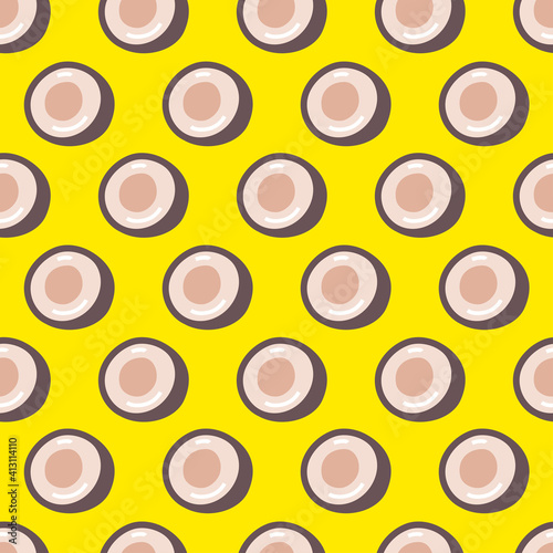 Coconut hand drawn seamless pattern on yellow background. Wallpaper colorful hand drawn illustration. 