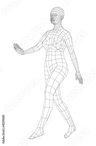 Wireframe walking woman. Vector