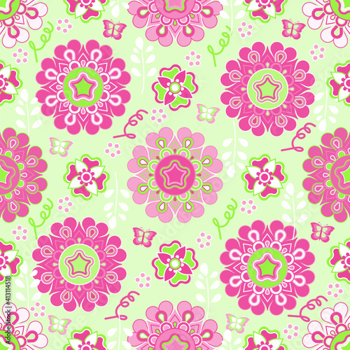 Springtime summer lively lovely beautiful pink flower floral ornament garden with butterfly seamless vector pattern design. Room wallpaper. Card. Notebook cover. Textile and fabric.