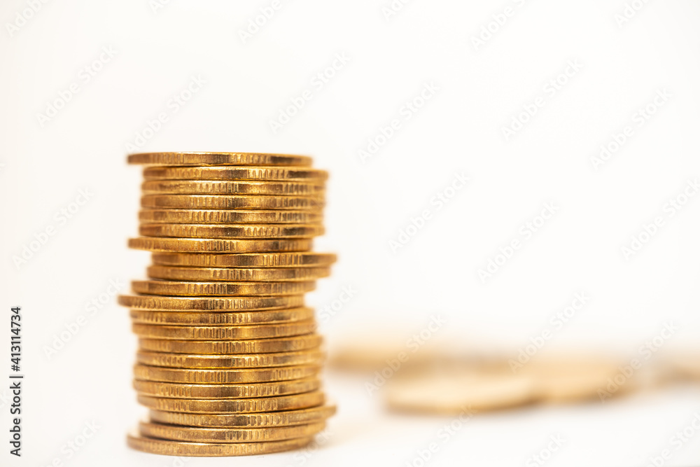 Money and Financial Concept. Closeup of stack of gold coins with on white background. Money and Financial Concept. Closeup of stack of gold coins with on white background.