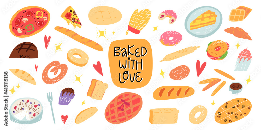 A big cartoon bakery and a pastry set. Various traditional American, Italian, Belgian, German, Spanish pastry, desserts. A big cartoon bakery and a pastry set. Various traditional American, Italian, Belgian, German, Spanish pastry, desserts.