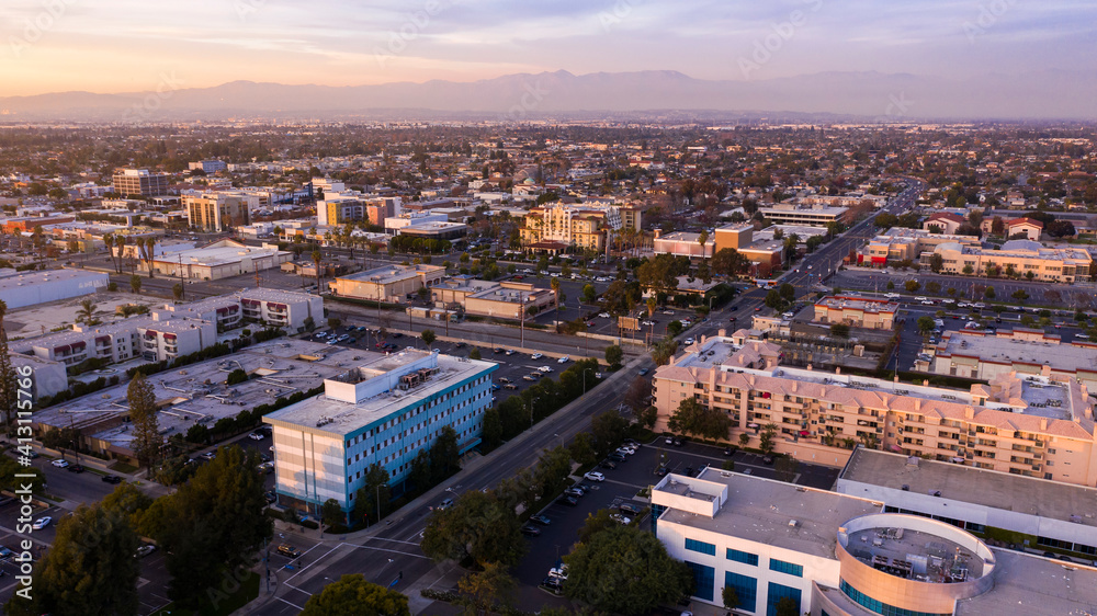 Sunset aerial view of downtown Downey, California, USA. Stock Photo ...