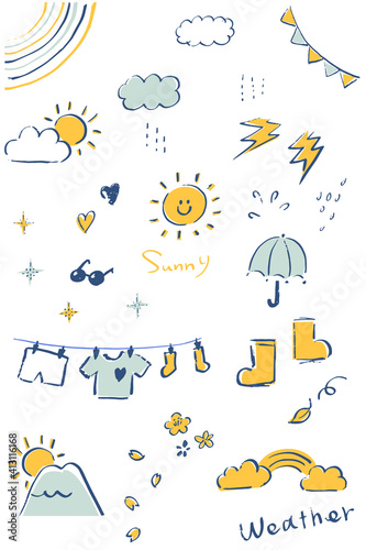 ルーズに描いた天気のあしらいイラストセット（ブルー）Loosely drawn weather illustration set