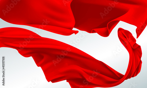 Red satin fabric flying in the wind on a light background. Abstract vector flying wave silk or satin fabric on white background for grand opening ceremony or other occasion.Vector illustration