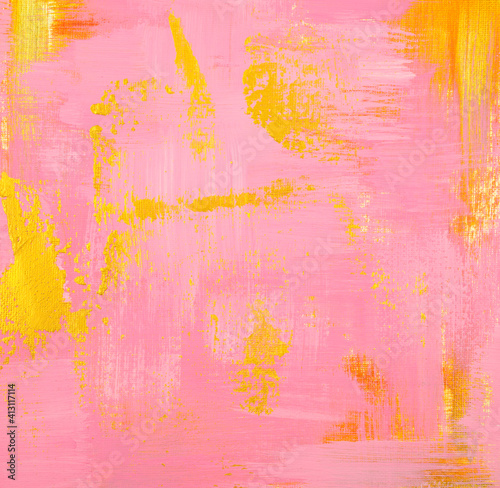 Golden and pink pastel element acrylic painting on matte canvas abstract texture background. Handmade, hand drawn. Vertical image style.