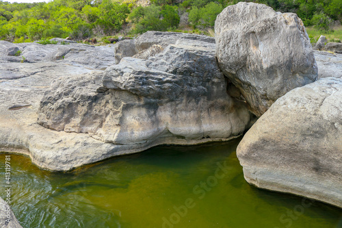 The Pedernales river forms geological rock pools with beautiful limestone formations. Spring at the Pedernales River Falls State Park in Texas., Burnet Texas Central Texas Hill Country