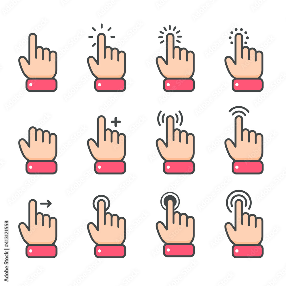 Obraz premium Vector cartoon finger mouse cursor in various gestures for mobile touch screen devices
