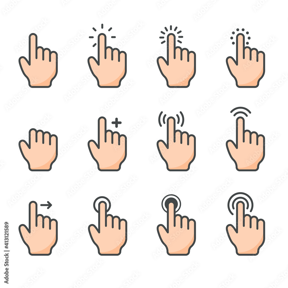 Vector cartoon finger mouse cursor in various gestures for mobile touch screen devices Vector cartoon finger mouse cursor in various gestures for mobile touch screen devices