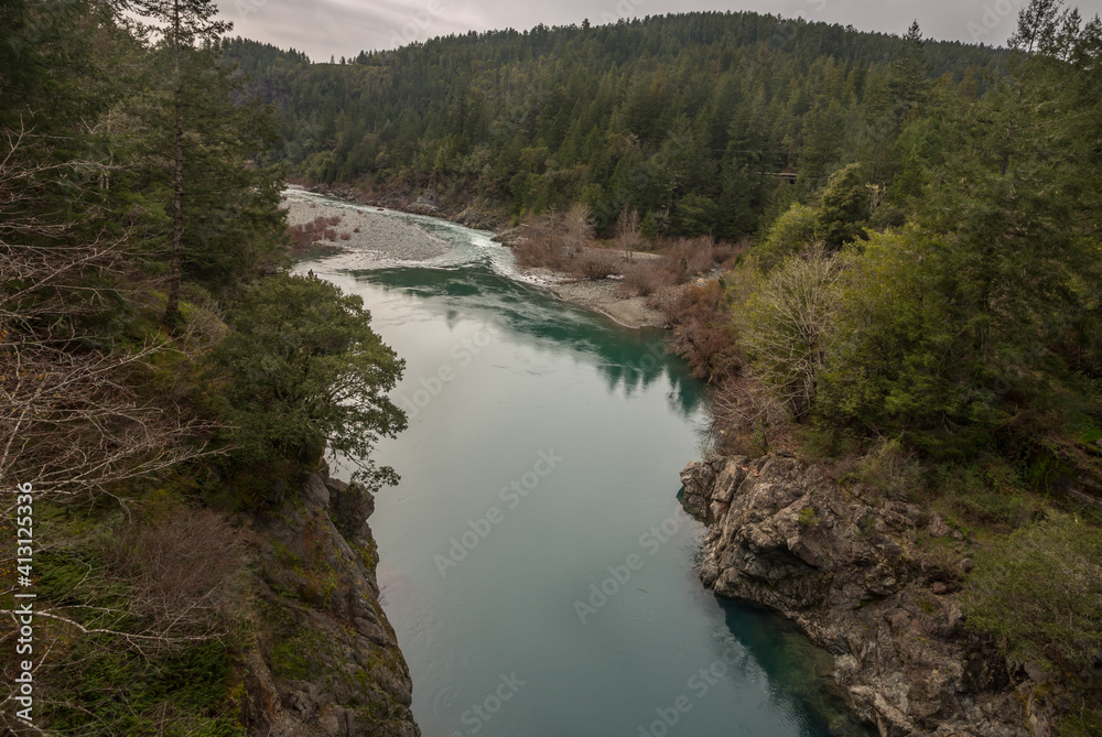 Clean and transparent water of Smith River, which flows from the Klamath Mountains to the Pacific Ocean