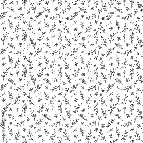 Vector black doodle leaves seamless pattern. Outline floral print on white background. Botanical line art ornament for wallpaper, wrapping paper, textile, fabric, design and decoration.