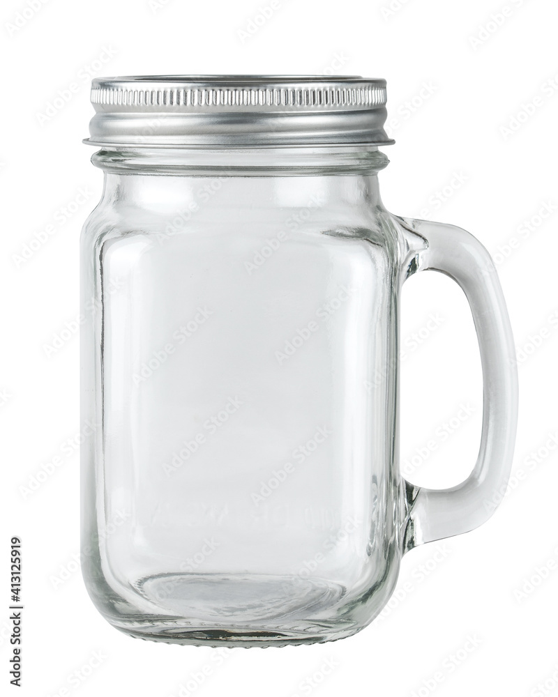 Glass jar. Mason Jar for drinking. Empty glass jar with lid and handle good for smoothie. White isolated background. Glass jar. Mason Jar for drinking. Empty glass jar with lid and handle good for smoothie. White isolated background.