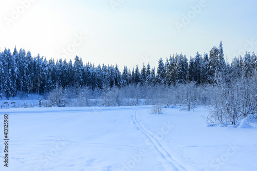 Russia,Republic Of Karelia,Kostomuksha.The ski track goes into the forest.February, 10. 2021. © Людмилa
